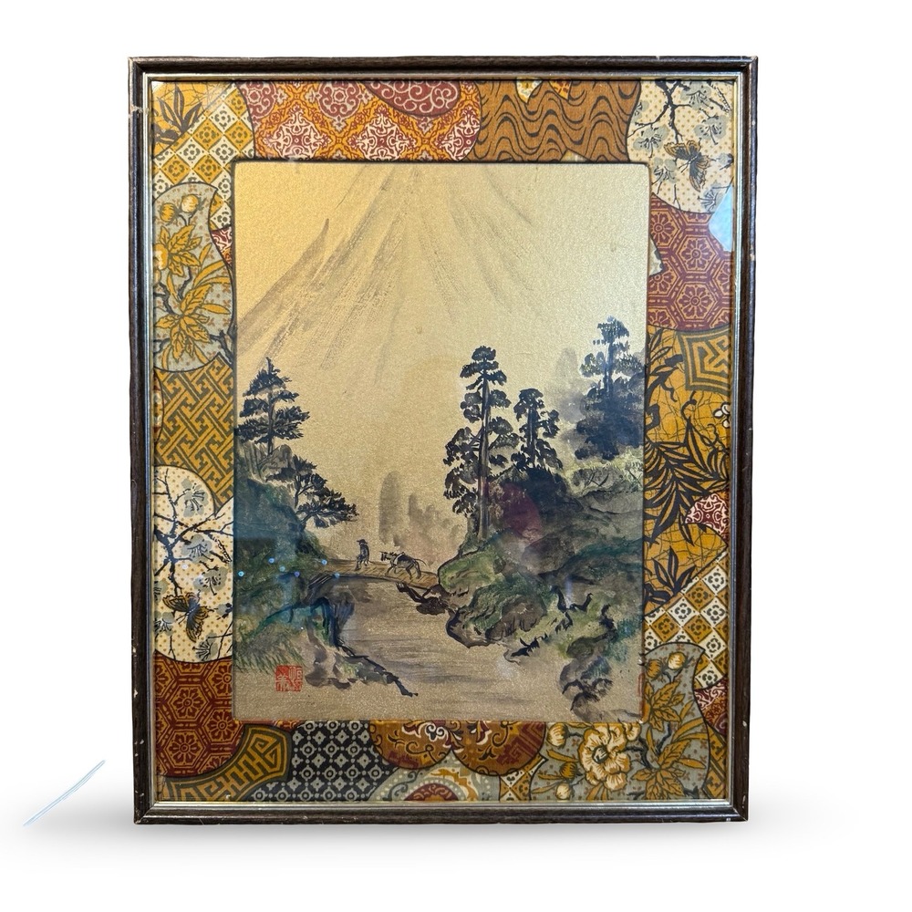 VTG Japanese Watercolor Silk Painting Taisho Period Mountain Landscape Signed